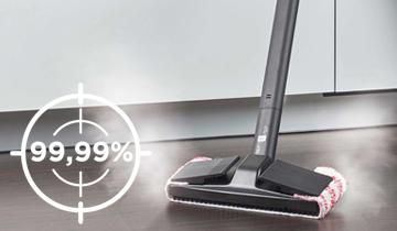 Shows that vaporetto eco pro 3.0 kills 99.9% of bacteria on first pass
