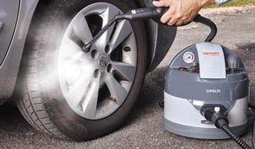 Cleaning car tyre rims with Polti Vaporetto eco pro 3.0 steam cleaner