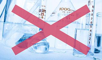 Flasks with red X overlay to show No pesticide required in POLTI Cimex